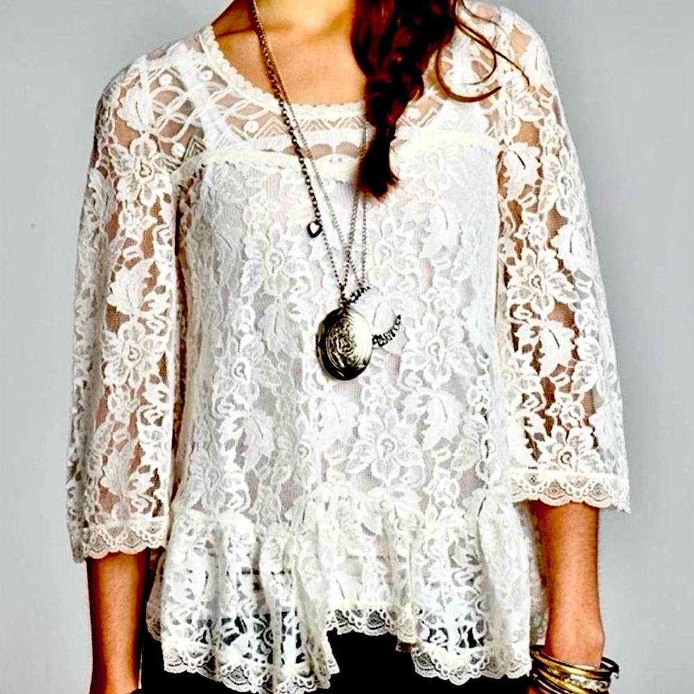 🌺🎉HP🎉🌺 NWOT Free People Gorgeous Floral Lace Peasant Top - Picture 9 of 14